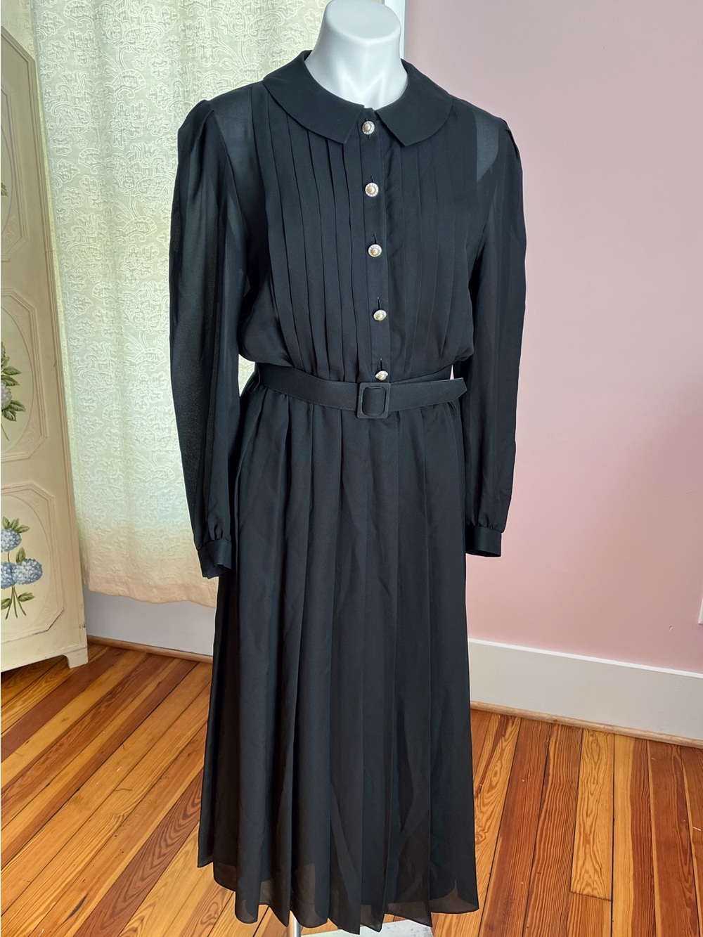 Classic Black Silk Pleated Midi Dress with Belt